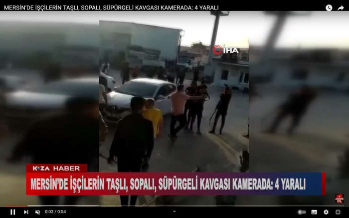 MERSİN’DE İŞÇİLERİN TAŞLI, SOPALI, SÜPÜRGELİ KAVGASI KAMERADA: 4 YARALI