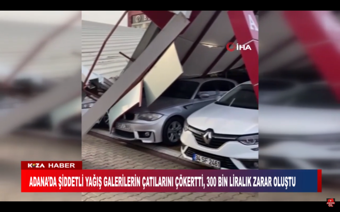 ADANA’DA ŞİDDETLİ YAĞIŞ GALERİLERİN ÇATILARINI ÇÖKERTTİ, 300 BİN LİRALIK ZARAR OLUŞTU