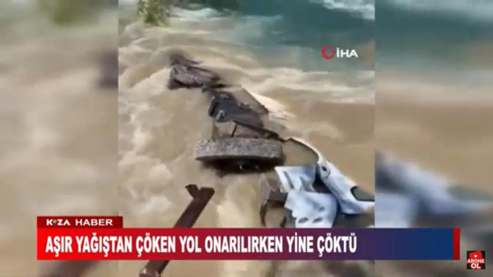 AŞIR YAĞIŞTAN ÇÖKEN YOL ONARILIRKEN YİNE ÇÖKTÜ